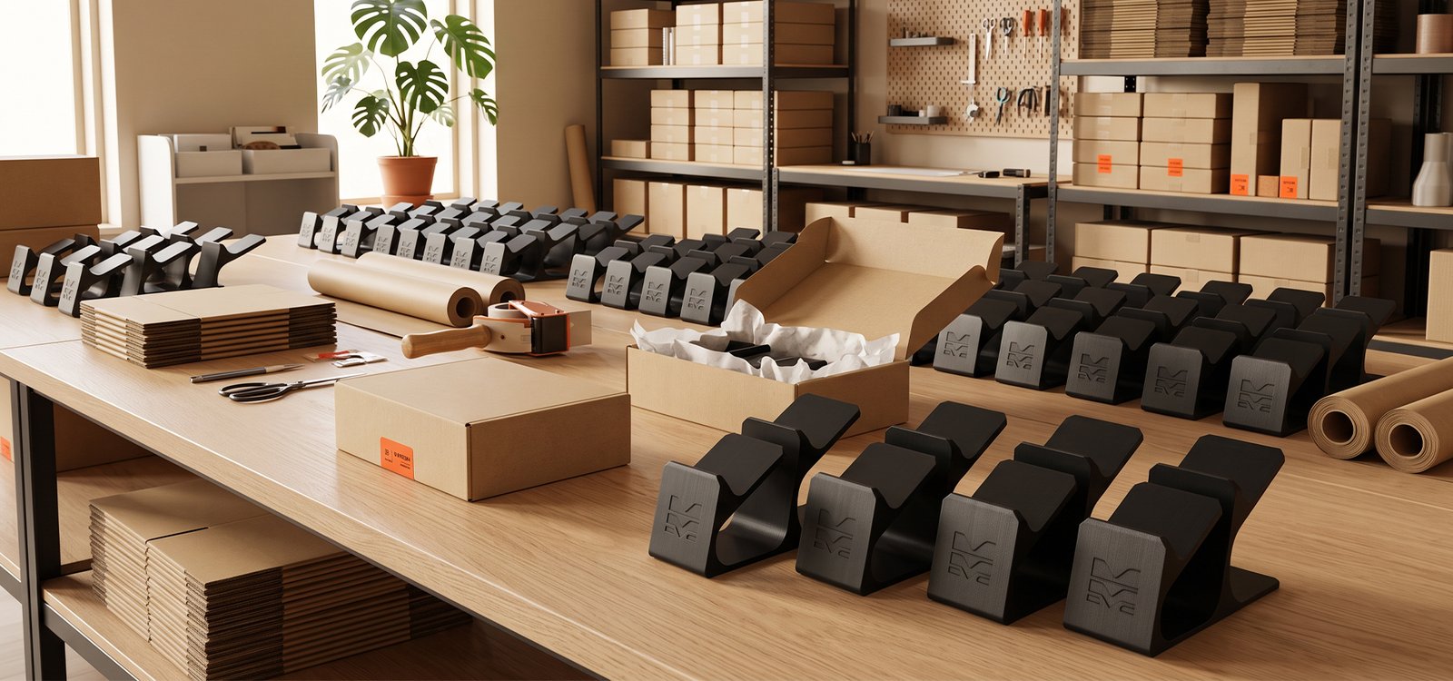 Morpiq's packing bench — rows of black 3D printed stands, kraft mailers and shipping boxes ready to dispatch