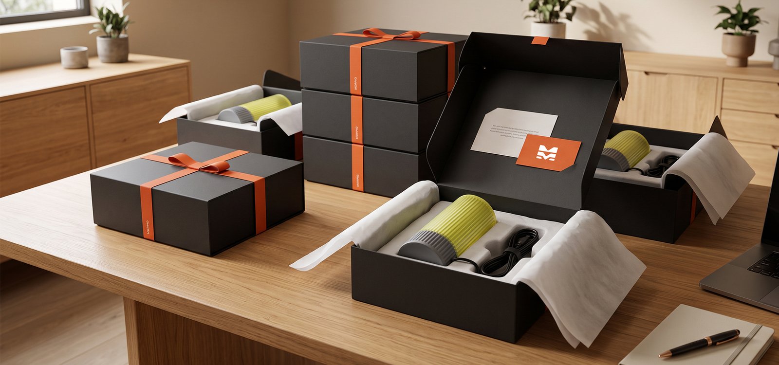 Black Morpiq gift boxes with orange ribbons on a desk, one open to show a bottle nested in foam with a branded card