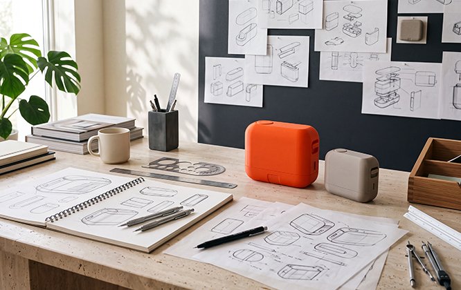 A Morpiq design bench — sketches, prototypes and a finished orange piece