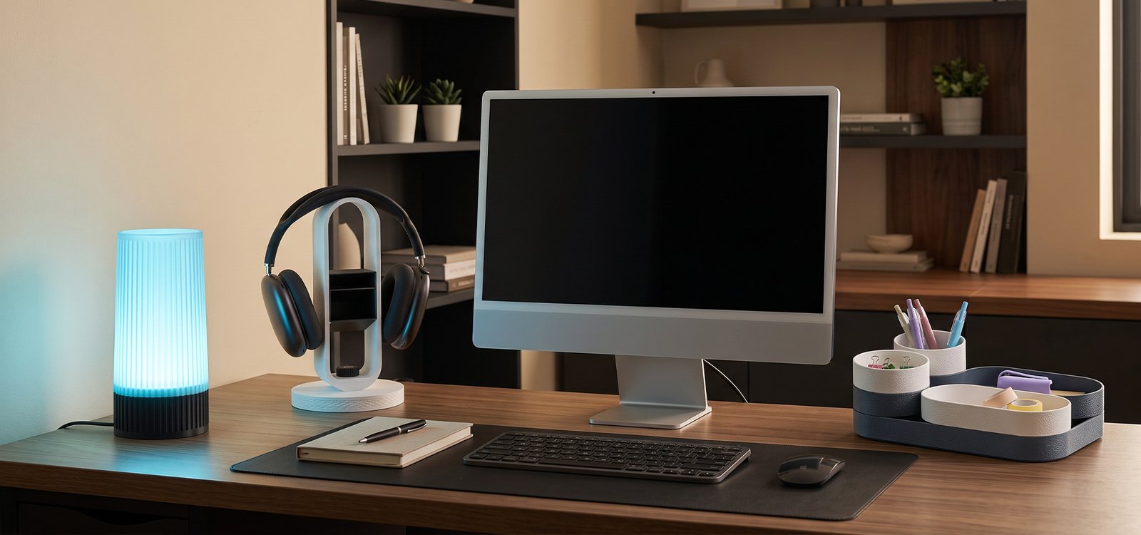 A styled desk setup — monitor, headphone stand, desk tray and a lit ribbed lamp on a walnut top