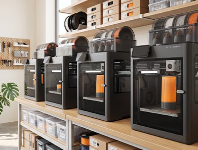 A row of Morpiq&rsquo;s own 3D printers mid-job on a studio shelf