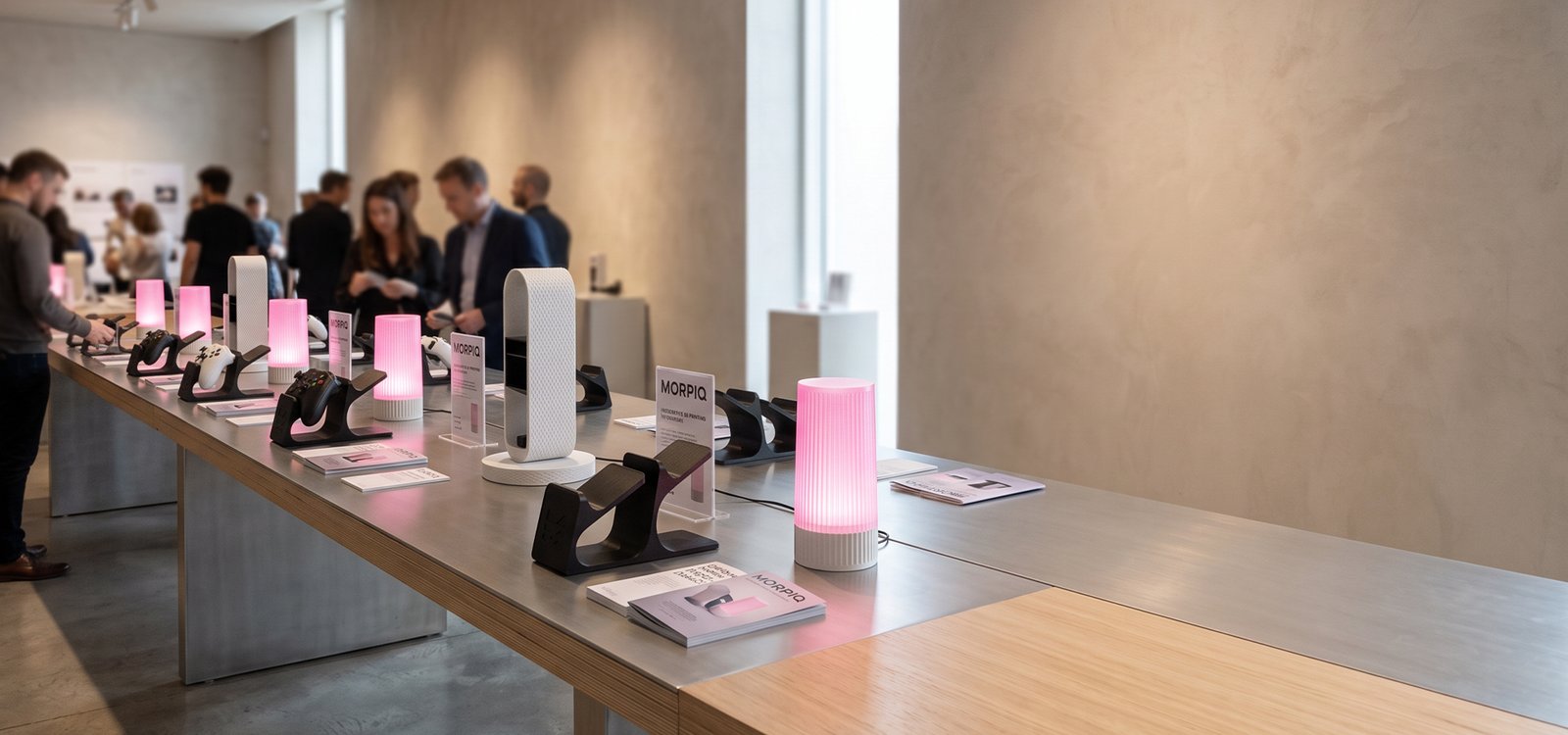 A Morpiq activation table lined with lit lamps, controller stands and printed cards, visitors browsing behind